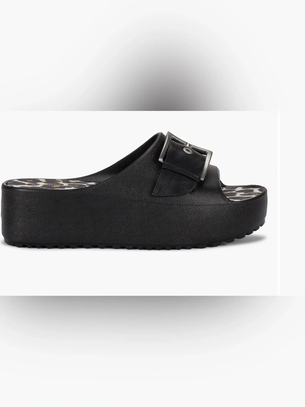 Baretraps Pacey Black Platform Slide Sandals Leopard Buckle Women’s NWOT